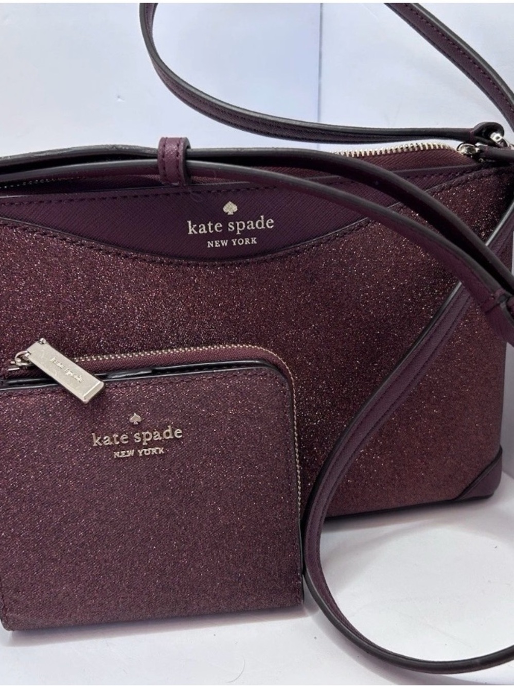Kate Spade Shimmy Glitter Crossbody Purse -Matching Wallet Deep Nova -brand New
